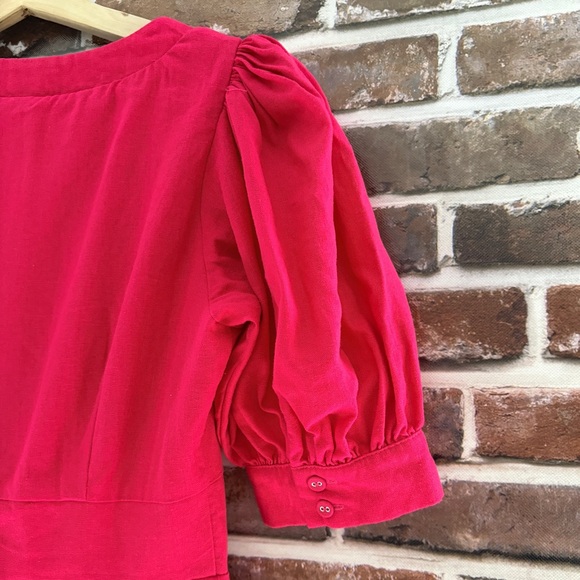 House of Harlow 1960 Linen Blend Puff Sleeve Corset Dress in Bright Pink, Size 4 - Picture 5 of 6